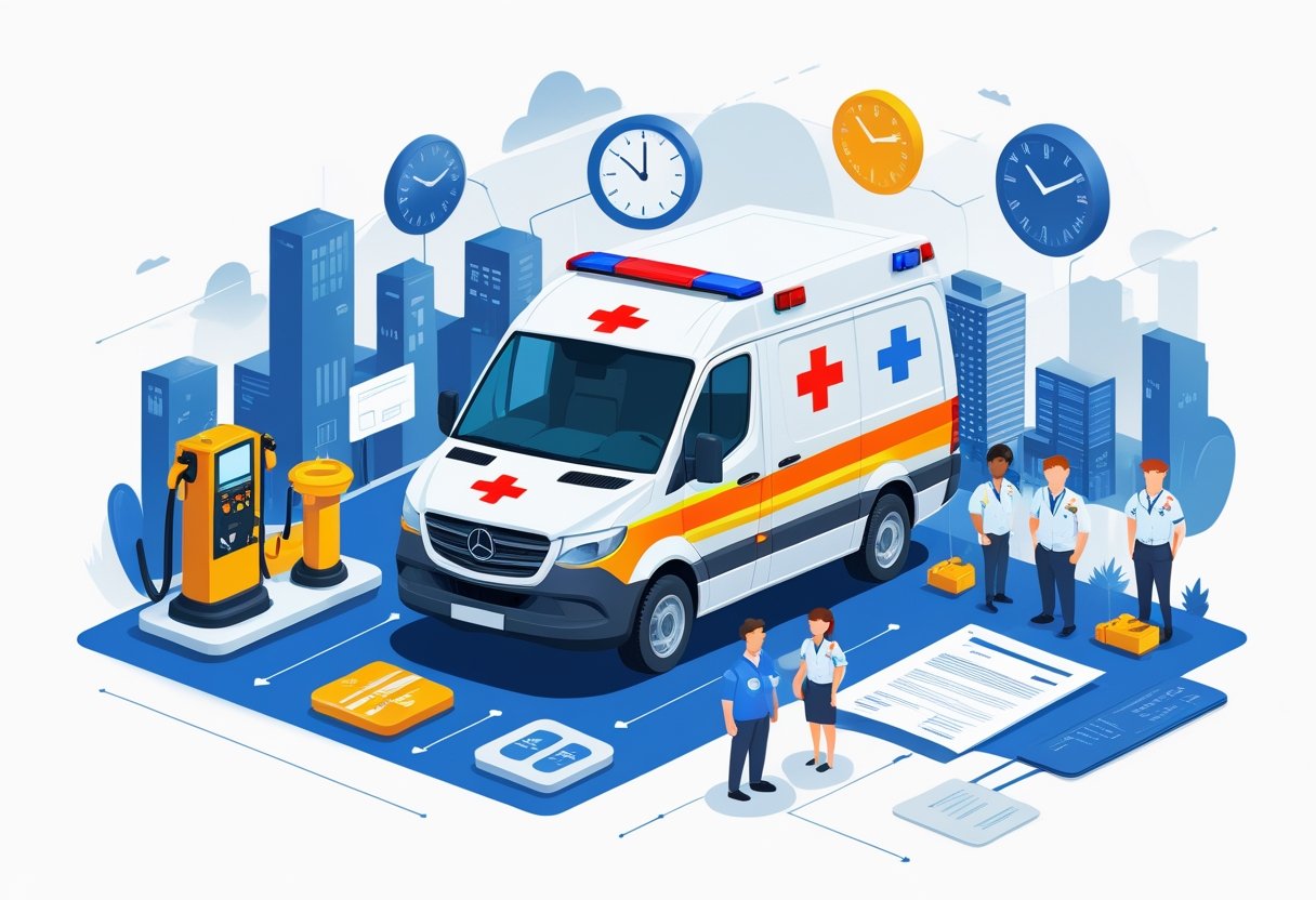 Uma ambulância particular cercada por ícones que representam fatores que influenciam seu custo, como combustível, equipamentos médicos, equipe, tempo de resposta, localização e taxas administrativas.