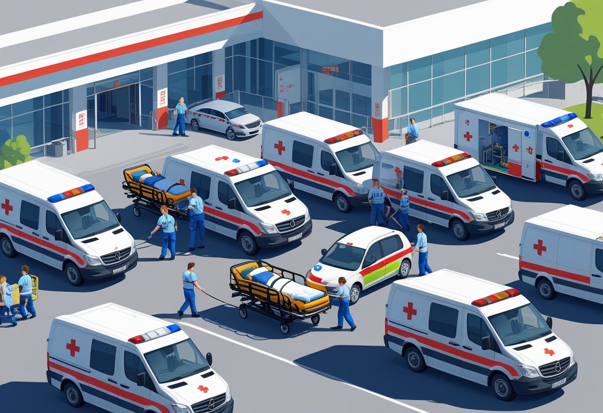 Várias ambulâncias particulares com profissionais de saúde ajudando pacientes em macas e cadeiras de rodas em frente à entrada de um hospital.