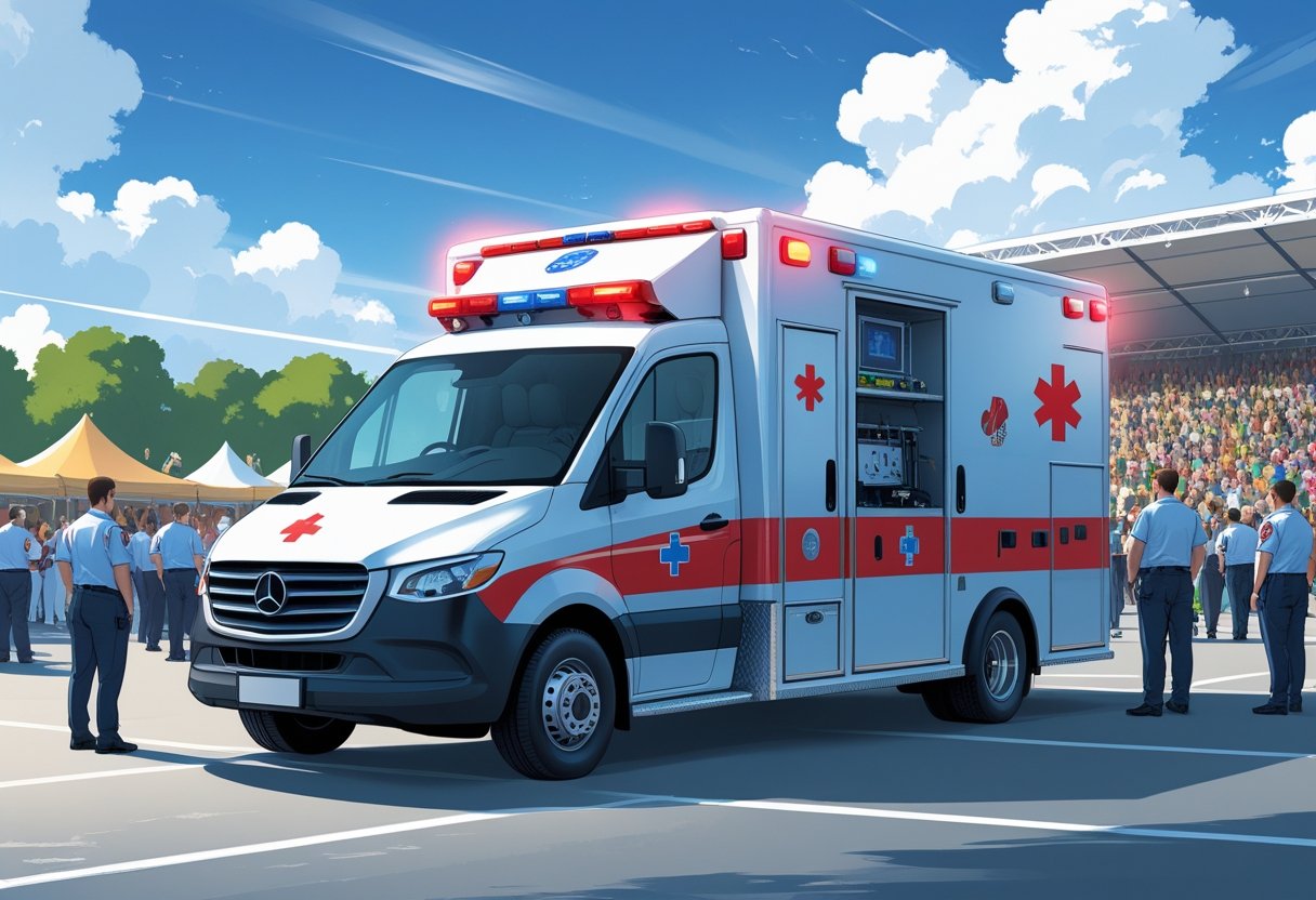 Ambulância particular moderna estacionada em um evento ao ar livre, com paramédicos próximos e pessoas ao fundo.