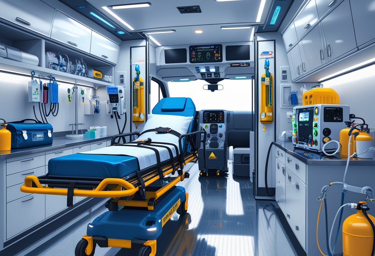 Interior de uma ambulância particular mostrando equipamentos médicos básicos e avançados organizados, como maca, cilindros de oxigênio, desfibrilador e monitores.
