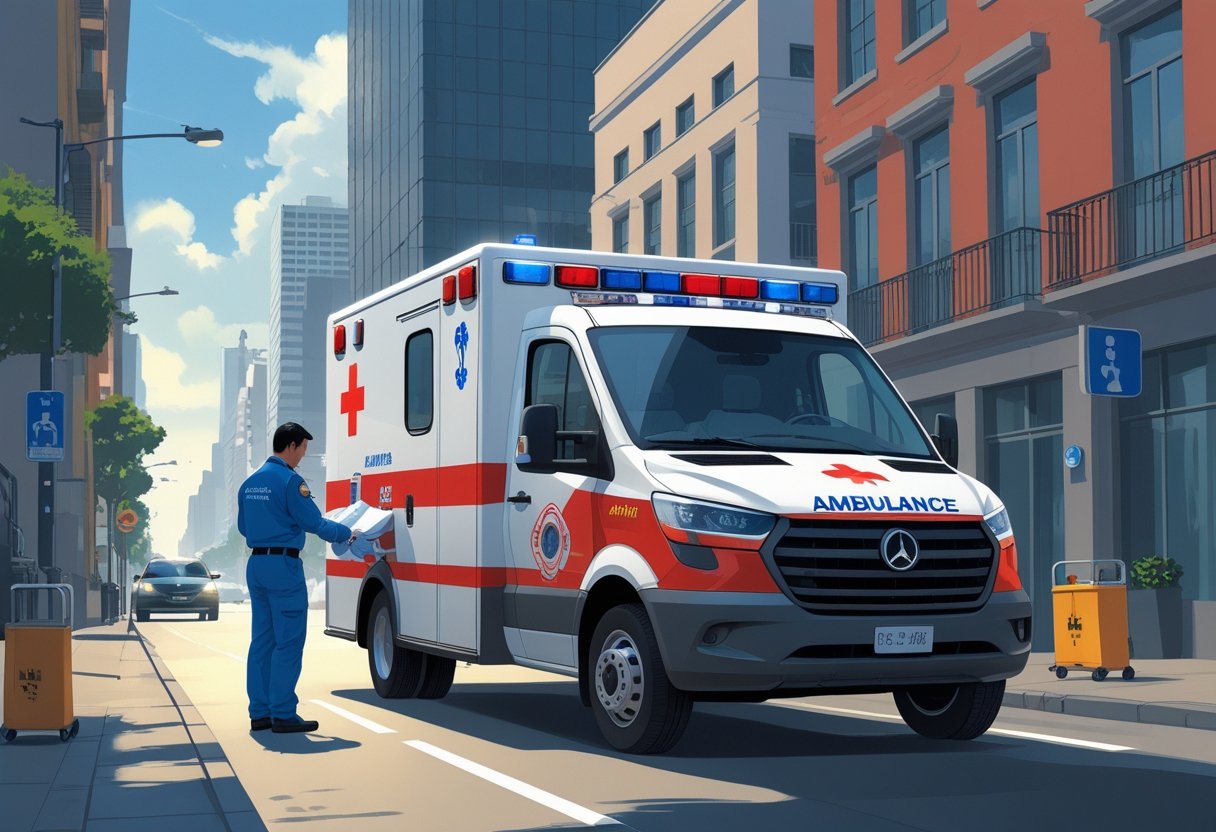 Uma ambulância particular estacionada em uma rua de São Paulo com um paramédico ao lado, em um ambiente urbano com prédios ao fundo.