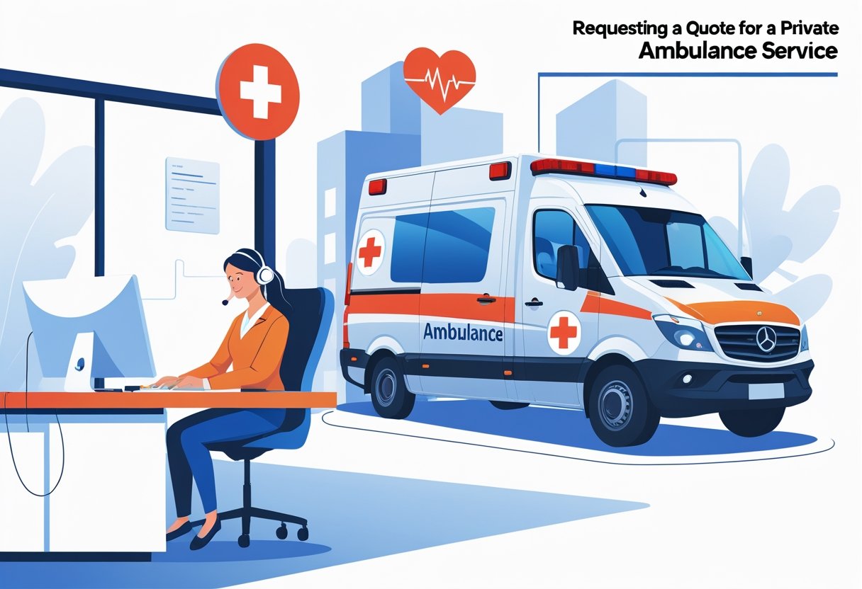 Pessoa conversando com um profissional de saúde em um escritório, com uma ambulância particular estacionada ao fundo.