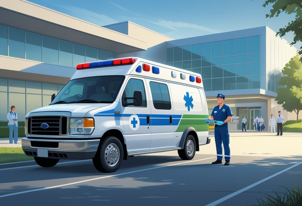 Uma ambulância particular estacionada em frente a um hospital moderno com um paramédico ao lado, pronta para atendimento.