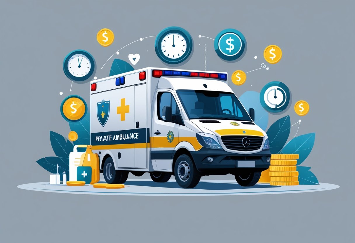 Uma ambulância particular moderna cercada por ícones que representam segurança, tempo de resposta, qualidade do equipamento e custo.