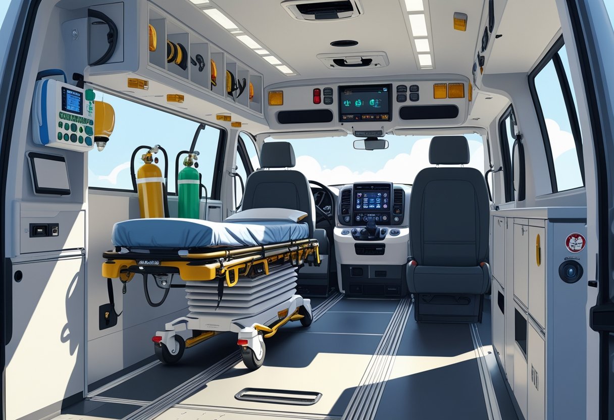 Interior de uma ambulância particular mostrando equipamentos médicos organizados e estrutura para atendimento de emergência.