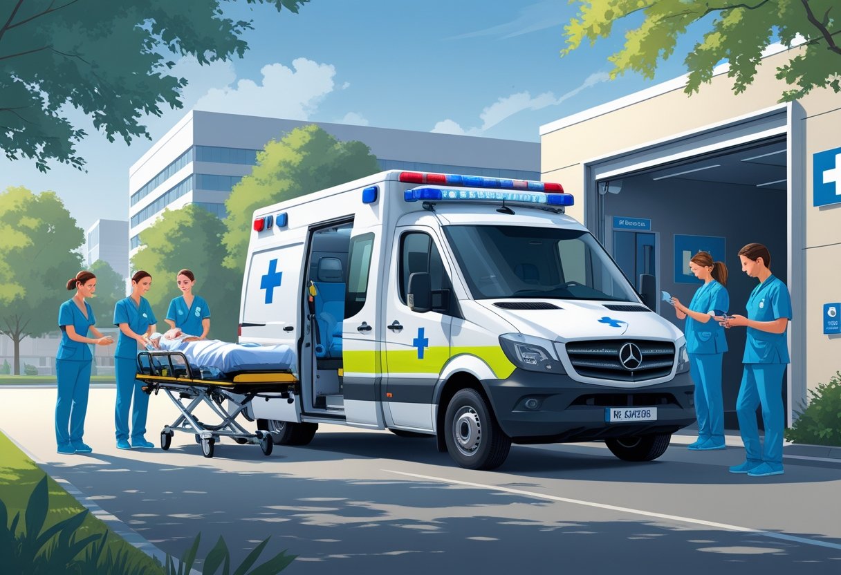 Ambulância particular estacionada em frente a um hospital, com profissionais de saúde auxiliando um paciente e preparando equipamentos médicos.