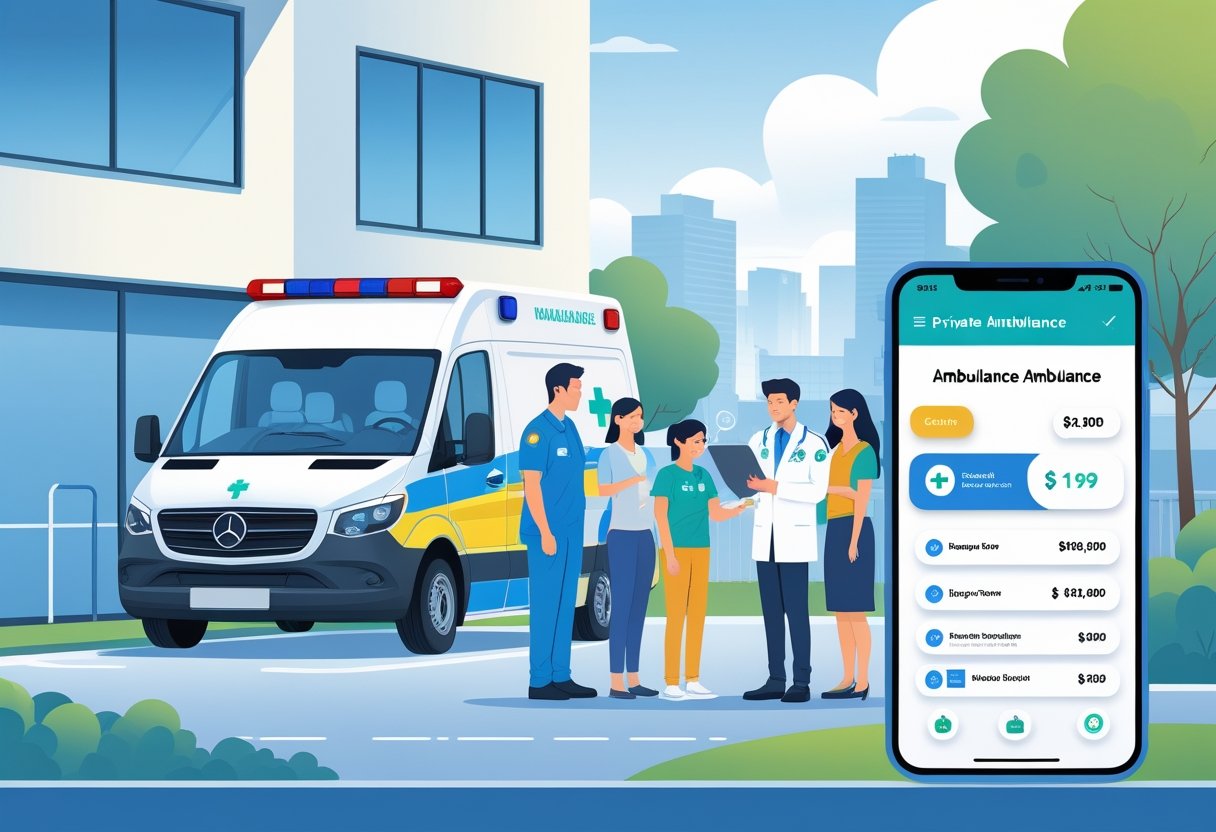 Família conversando com um paramédico ao lado de uma ambulância particular estacionada em frente a uma casa, enquanto um smartphone mostra um aplicativo de solicitação de ambulância.