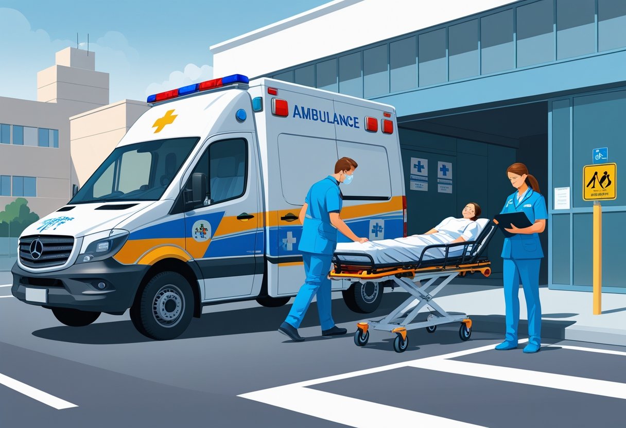 Ambulância particular estacionada em frente a um hospital, com um profissional de saúde ajudando um paciente em uma maca, representando segurança e legislação no transporte de pacientes.