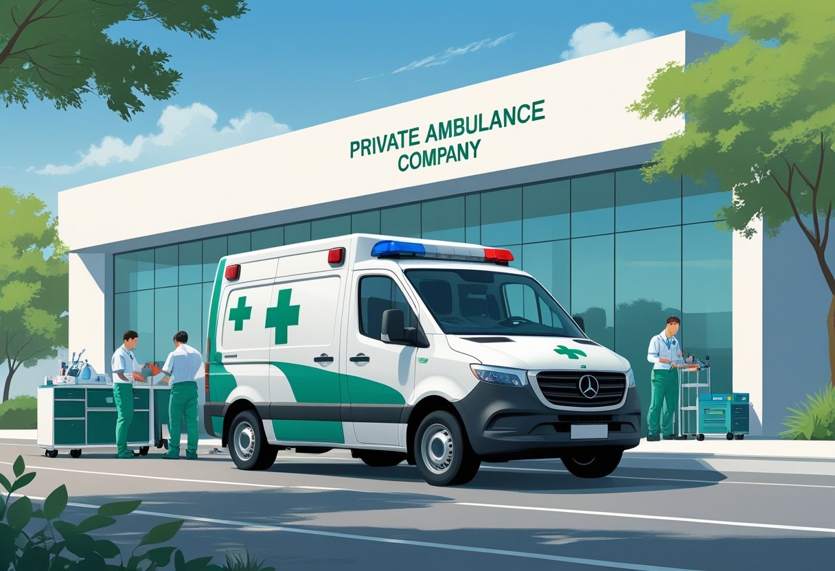 Uma ambulância privada estacionada em frente a um prédio moderno, com profissionais de saúde preparando equipamentos ao redor.