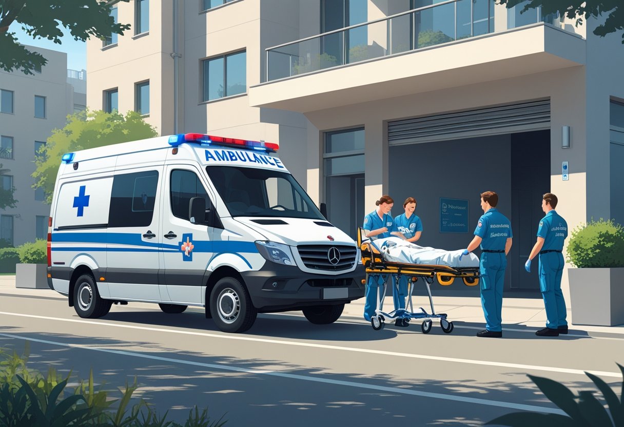 Ambulância particular estacionada em frente a um prédio residencial, com paramédicos cuidando de um paciente em uma maca, em um ambiente urbano durante o dia.