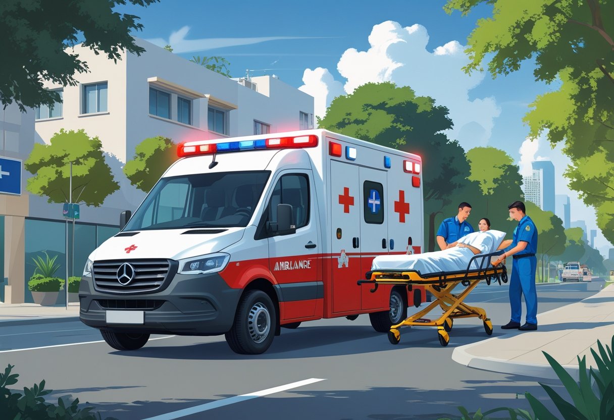 Uma ambulância estacionada em uma rua urbana de Pinhais, com paramédicos atendendo um paciente em uma maca ao lado do veículo, rodeados por árvores e edifícios da cidade.