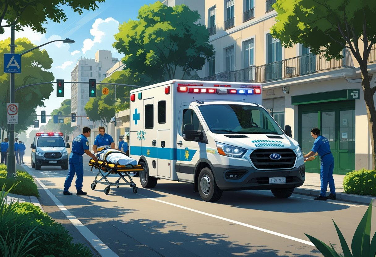 Ambulância em operação em uma rua de Pinhais com paramédicos atendendo um paciente em uma maca, em um ambiente urbano com prédios e árvores ao redor.