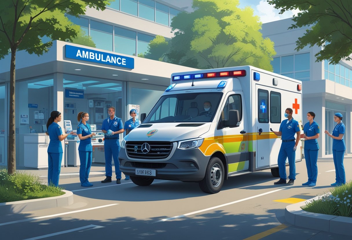 Ambulância estacionada em frente a um centro de saúde em Pinhais, com profissionais de saúde e socorristas trabalhando juntos em um ambiente urbano.