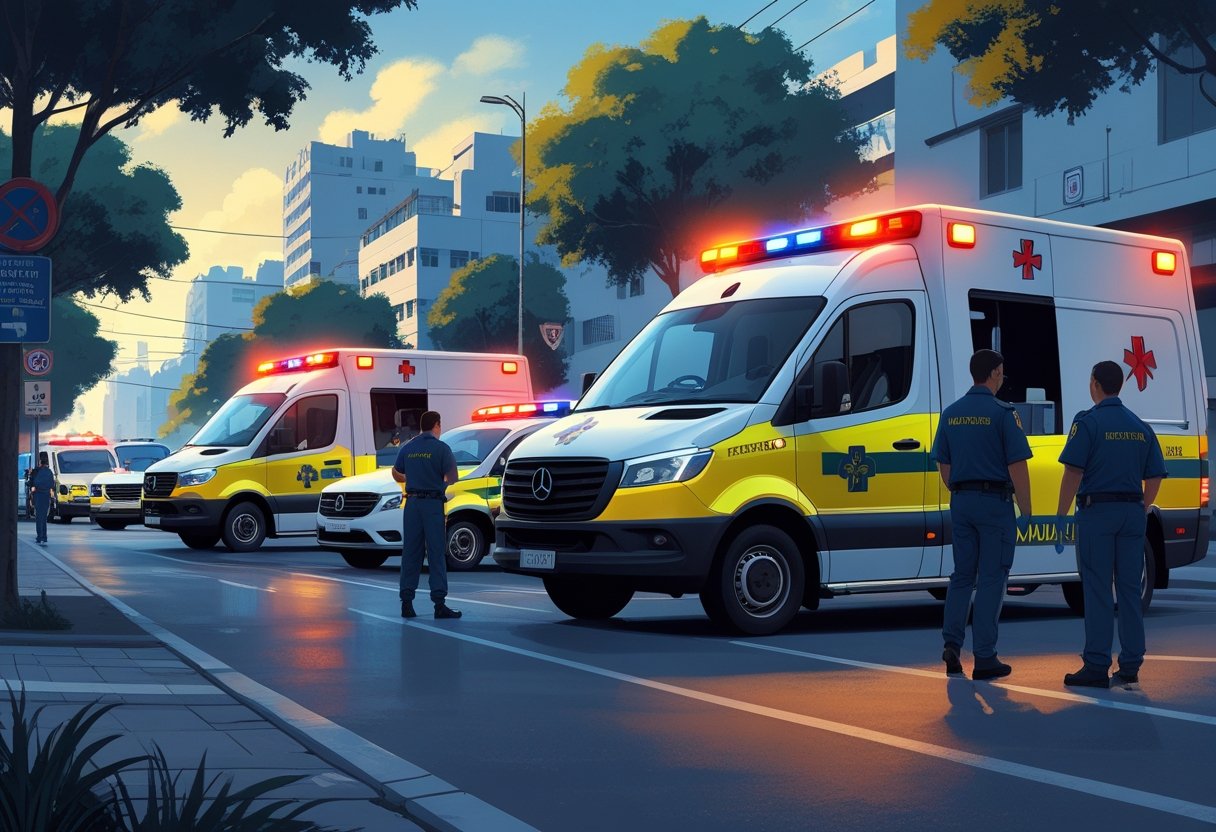 Cena urbana em Pinhais com ambulâncias e socorristas atendendo uma emergência médica na rua.