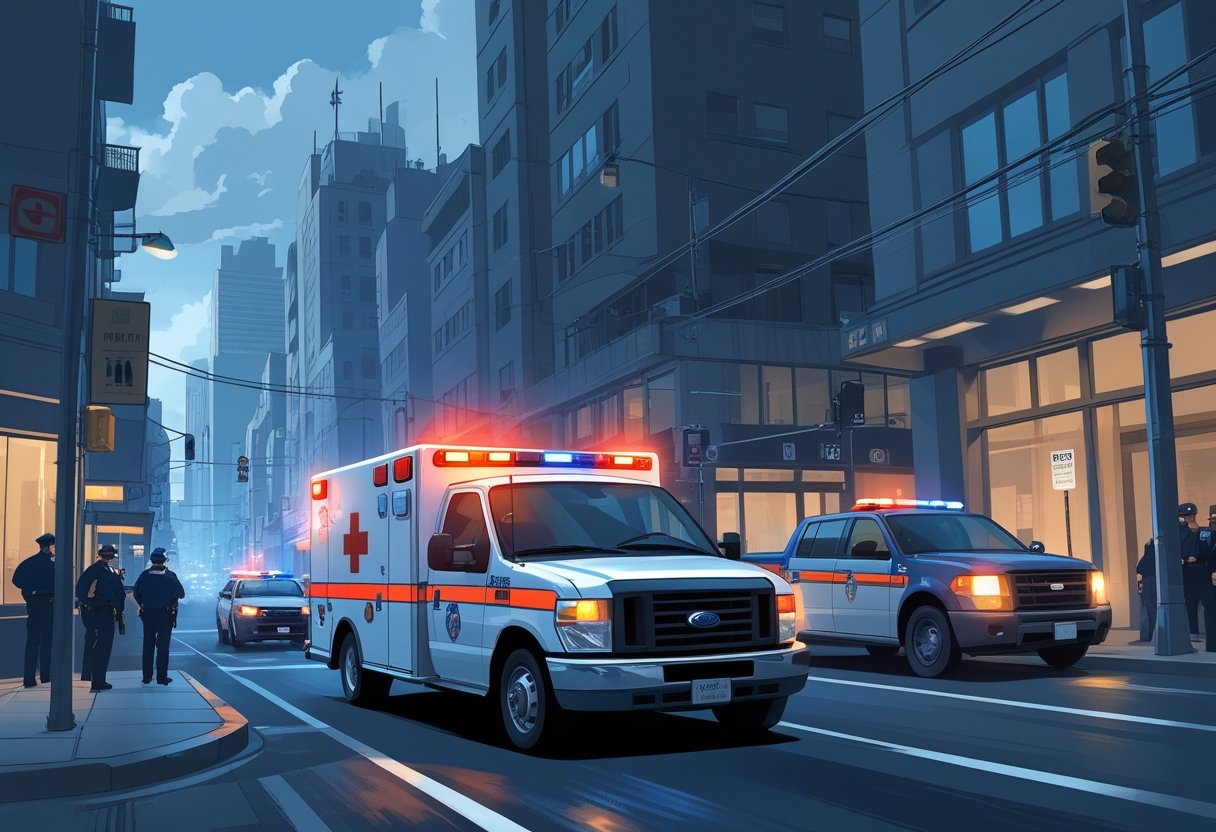 Uma ambulância em alta velocidade pelas ruas da região metropolitana de Pinhais, com prédios e viaturas policiais ao fundo.