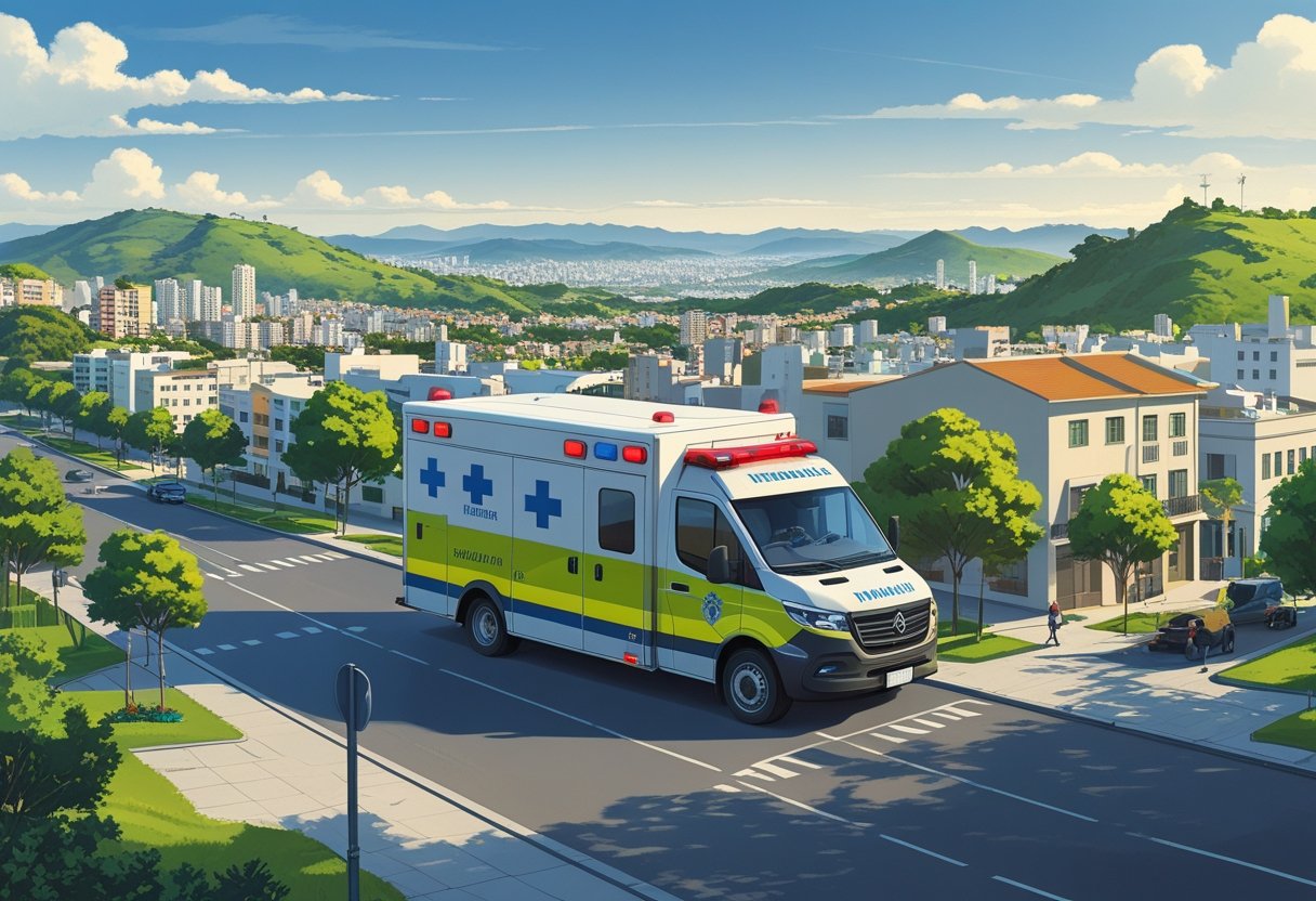 Ambulância da cidade de Pinhais em uma rua urbana com edifícios, parques e colinas ao fundo, representando cidades vizinhas e o panorama regional.
