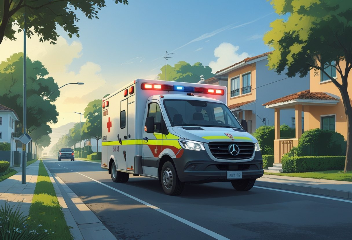 Ambulância em movimento por uma rua residencial de Pinhais com casas e árvores ao redor.