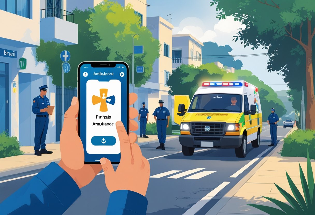 Pessoa usando um smartphone para solicitar uma ambulância em uma rua de Pinhais, com uma ambulância chegando e profissionais de saúde prontos para ajudar.