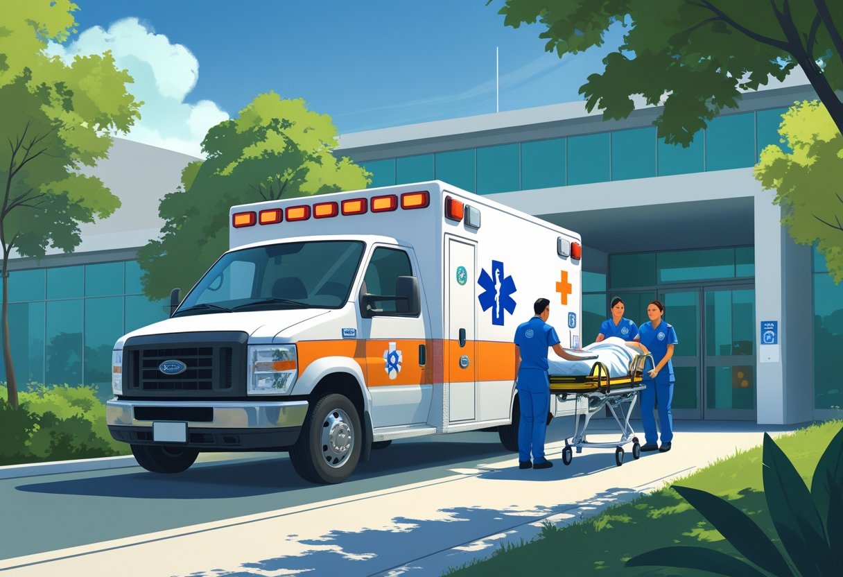 Ambulância chegando a uma unidade de saúde em Pinhais com paramédicos ajudando um paciente em uma maca perto da entrada do hospital.