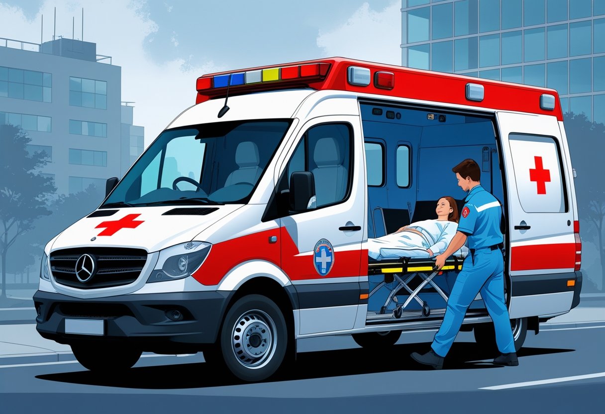 Ambulância de remoção com paramédico ajudando paciente em uma maca, em frente a um hospital.