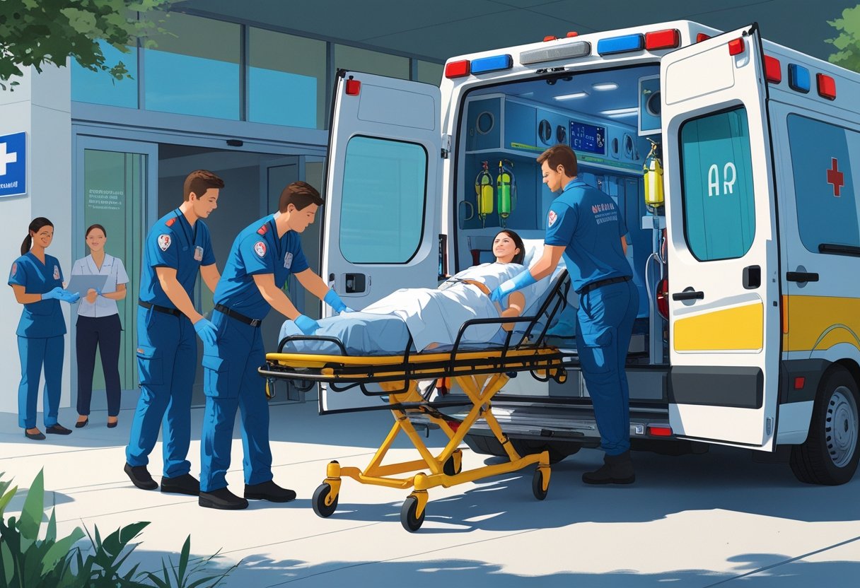 Paramédicos removendo um paciente em uma maca para dentro de uma ambulância em frente a um hospital.