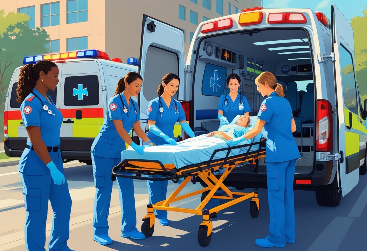 Equipe de profissionais de saúde carregando um paciente em uma ambulância para remoção.