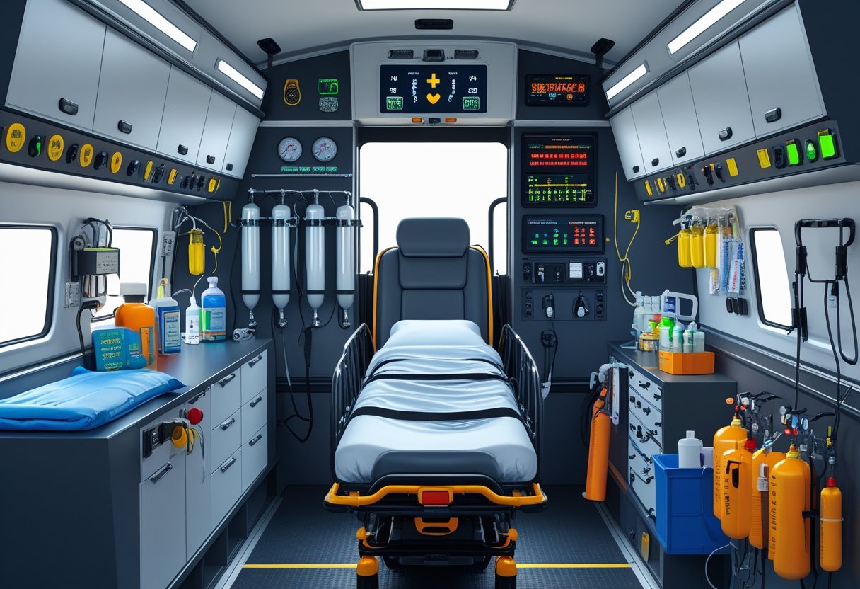 Interior de uma ambulância de remoção mostrando equipamentos médicos como maca, tanques de oxigênio, desfibrilador, monitor cardíaco e suprimentos médicos organizados.