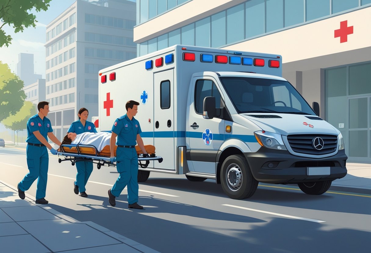 Paramédicos carregando um paciente em uma maca em direção a uma ambulância estacionada em uma rua da cidade, com um hospital ao fundo.