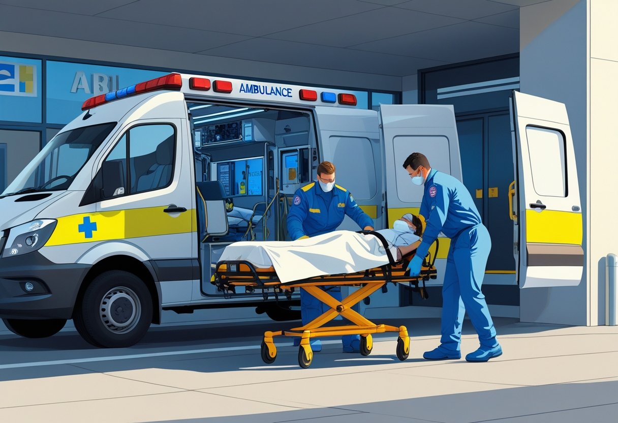 Paramédicos retirando um paciente em uma ambulância fora de um hospital, demonstrando cuidado e segurança.