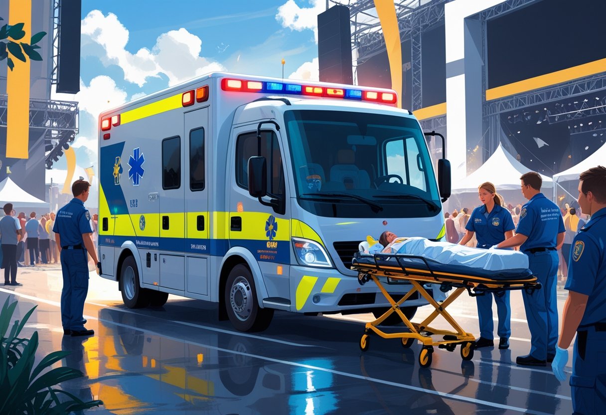 Uma ambulância moderna em um evento público, com paramédicos atendendo um paciente em uma maca perto do veículo, rodeados por uma multidão e elementos de evento ao fundo.