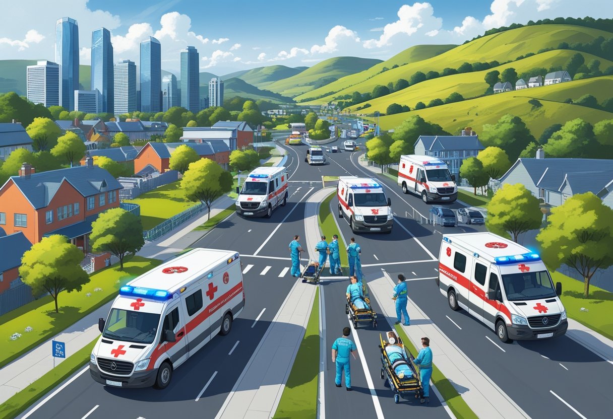 Cena mostrando ambulâncias em movimento em diferentes regiões, incluindo áreas urbanas, suburbanas e rurais, com paramédicos auxiliando pacientes durante remoção médica.