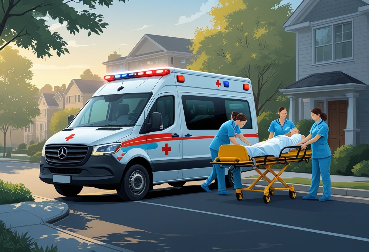 Ambulância particular com profissionais de saúde ajudando um paciente em uma maca, estacionada em frente a um prédio residencial.
