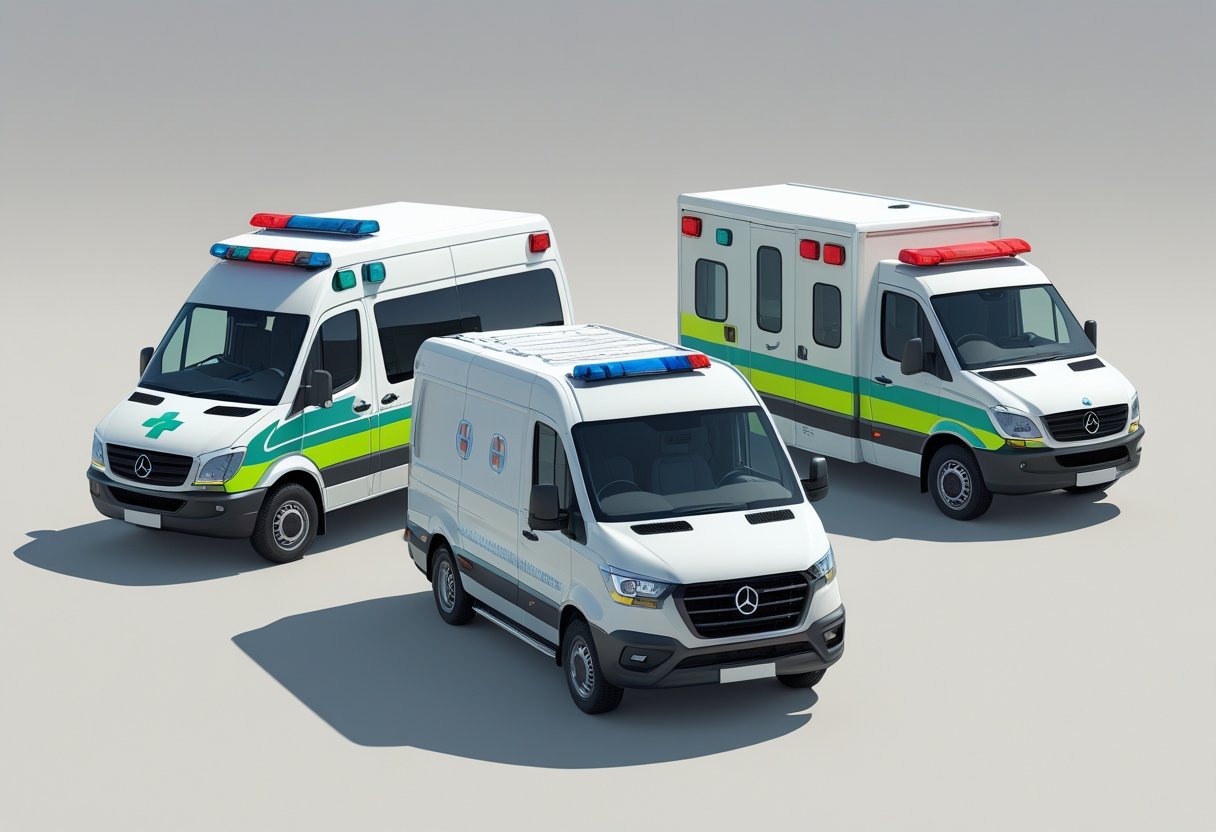 Três tipos diferentes de ambulâncias particulares para remoção, exibidas lado a lado em um fundo neutro.
