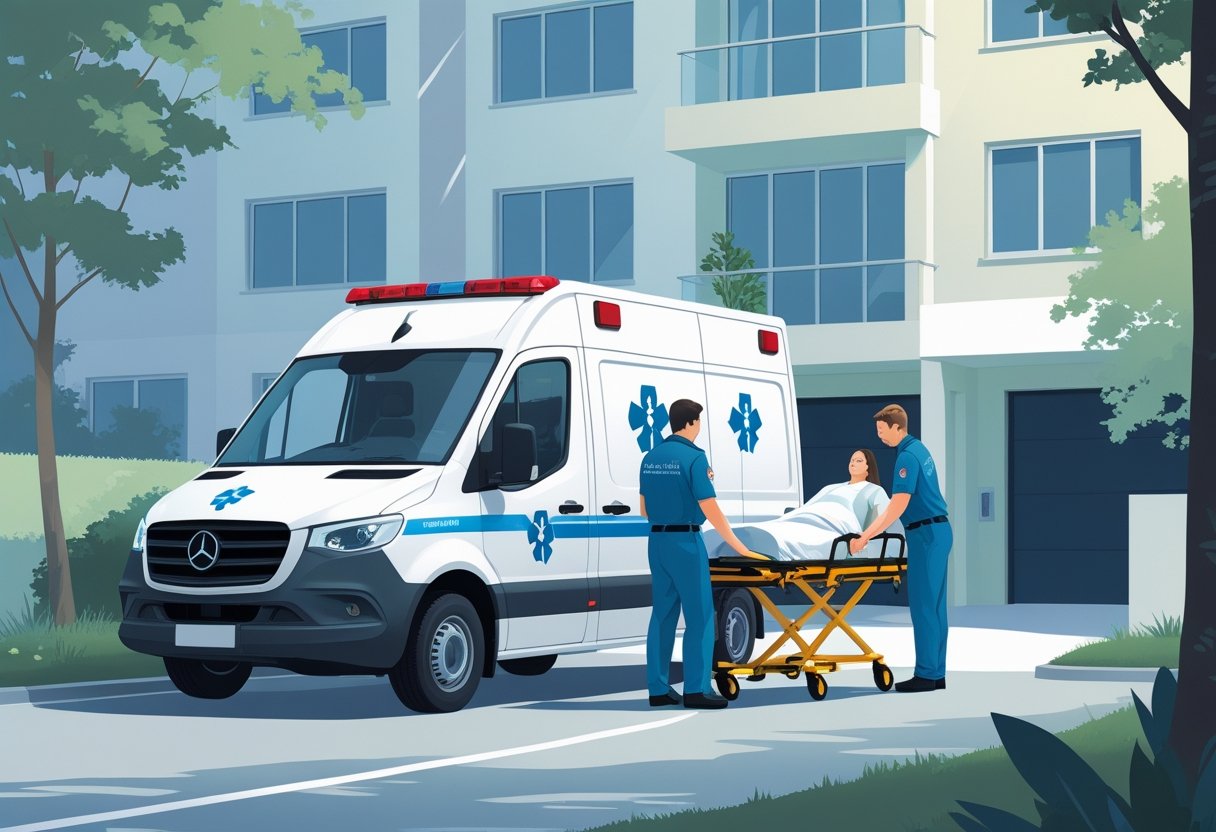 Paramédicos ajudando um paciente em uma maca para dentro de uma ambulância estacionada em frente a um prédio residencial.