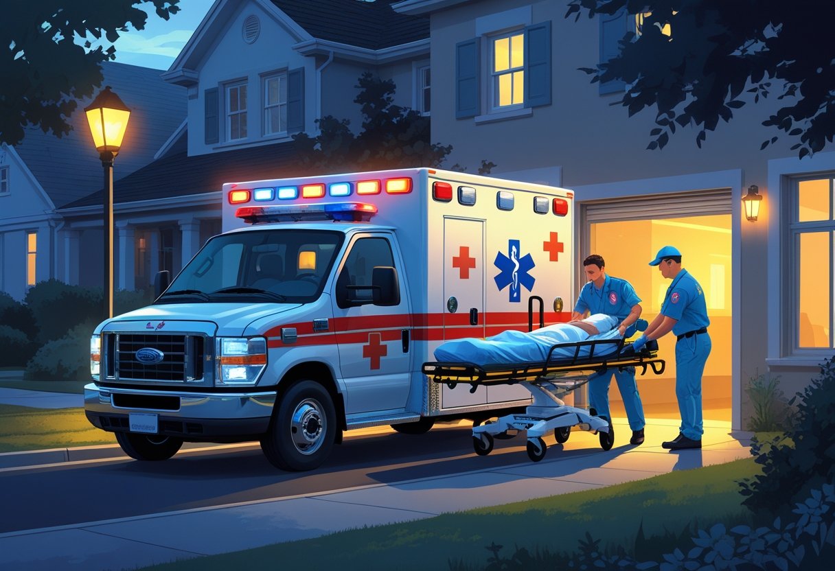 Ambulância particular 24 horas com paramédicos ajudando um paciente em uma maca na frente de uma casa durante o início da noite.