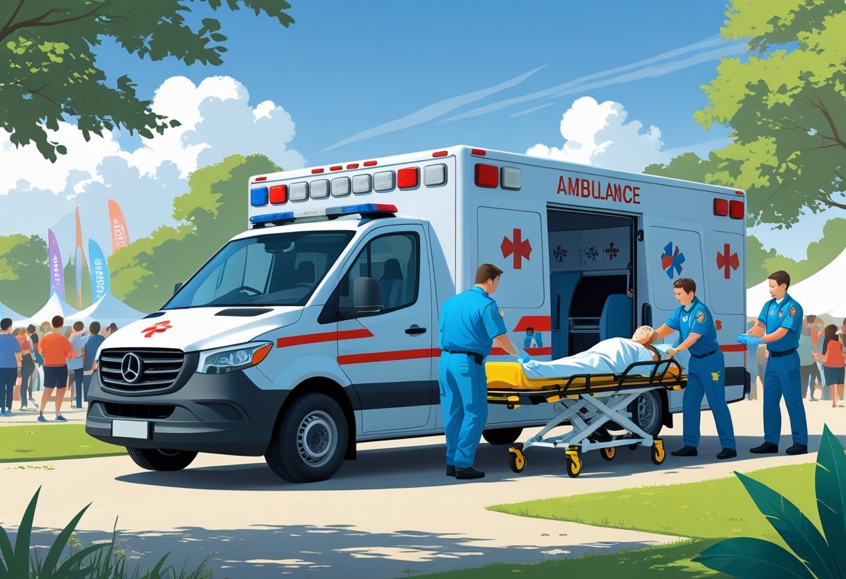 Cena de uma ambulância estacionada próxima a um evento ao ar livre, com paramédicos atendendo uma pessoa em uma maca, demonstrando cuidado e prontidão.