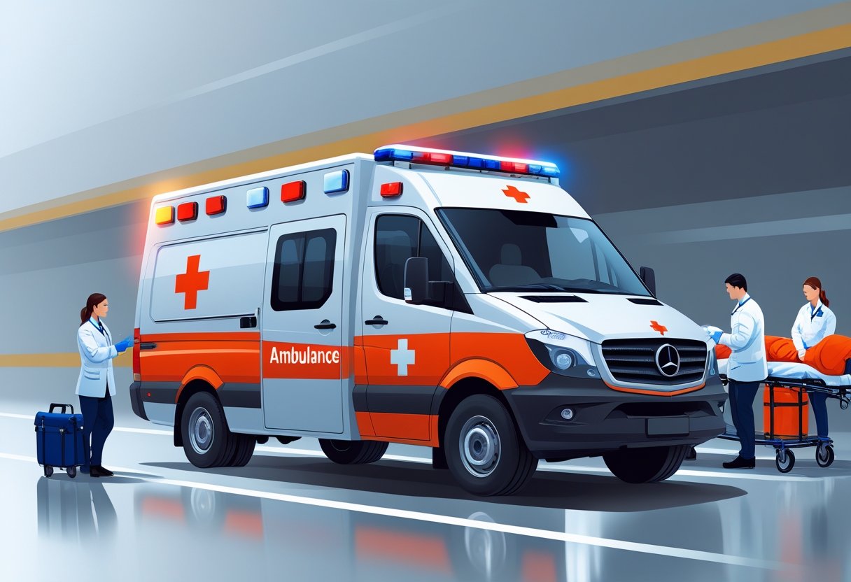 Ambulância moderna em movimento com um paramédico atendendo um paciente em uma maca, mostrando serviços médicos especializados e remoção particular.