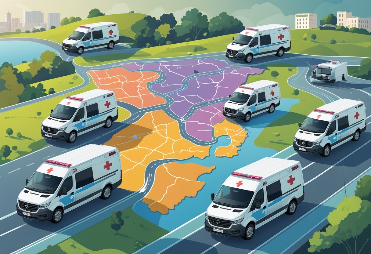 Ilustração de um mapa mostrando regiões atendidas por ambulâncias de remoção particular, com ambulâncias ao redor e elementos urbanos e rurais ao fundo.
