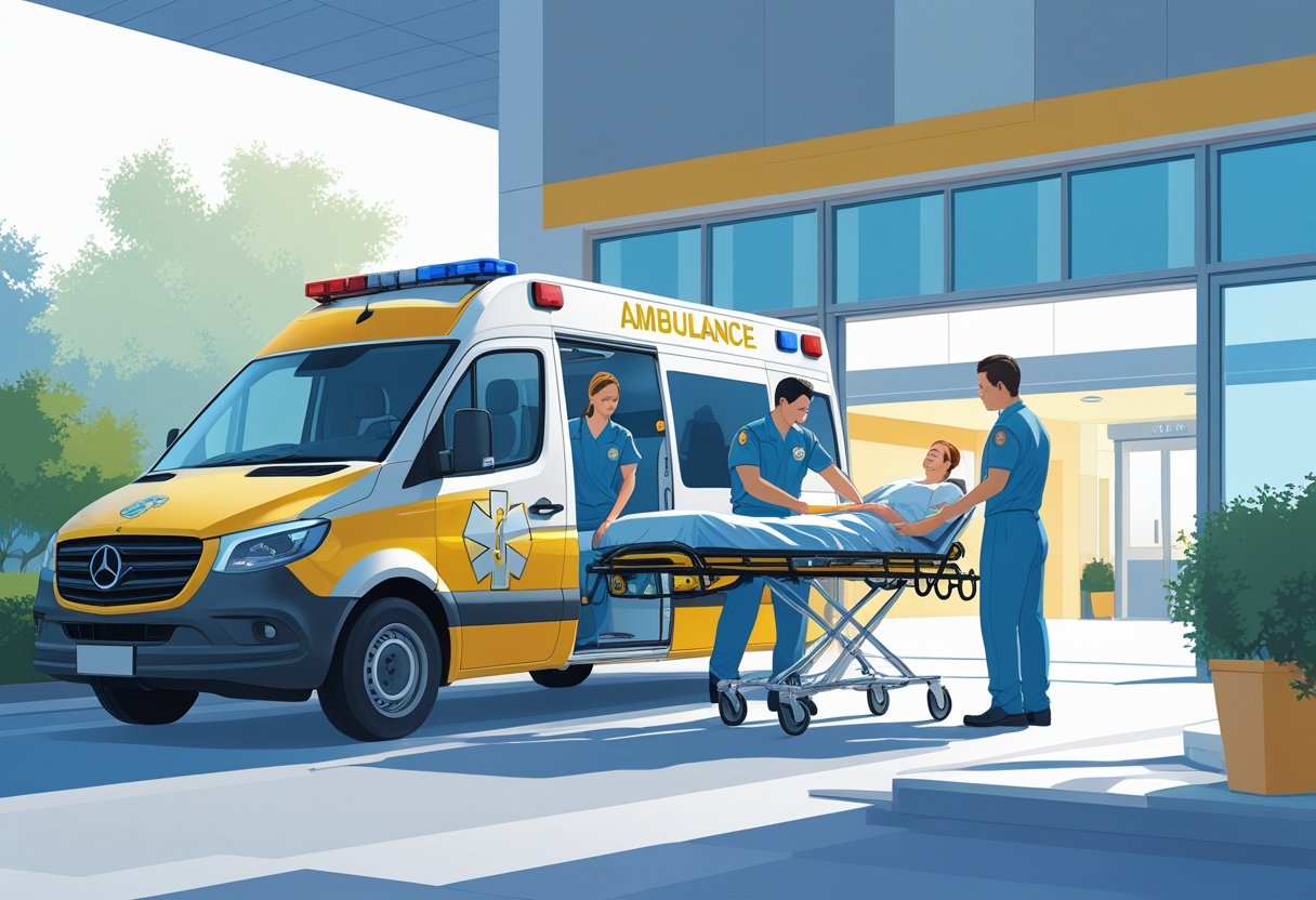 Uma ambulância particular moderna com paramédicos ajudando um paciente em uma maca na entrada de um hospital, transmitindo segurança, ética e excelência nos serviços.