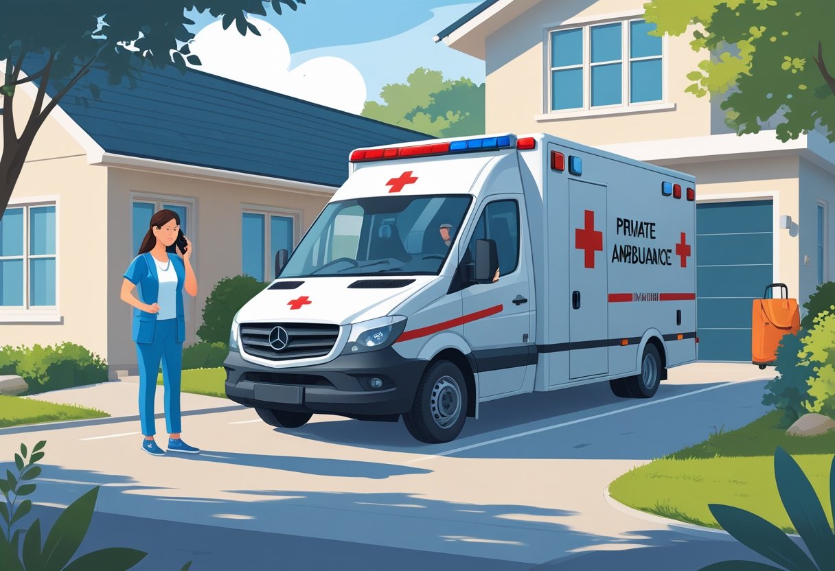 Pessoa solicitando uma ambulância particular por telefone, com uma ambulância estacionada em frente a uma casa ou clínica.
