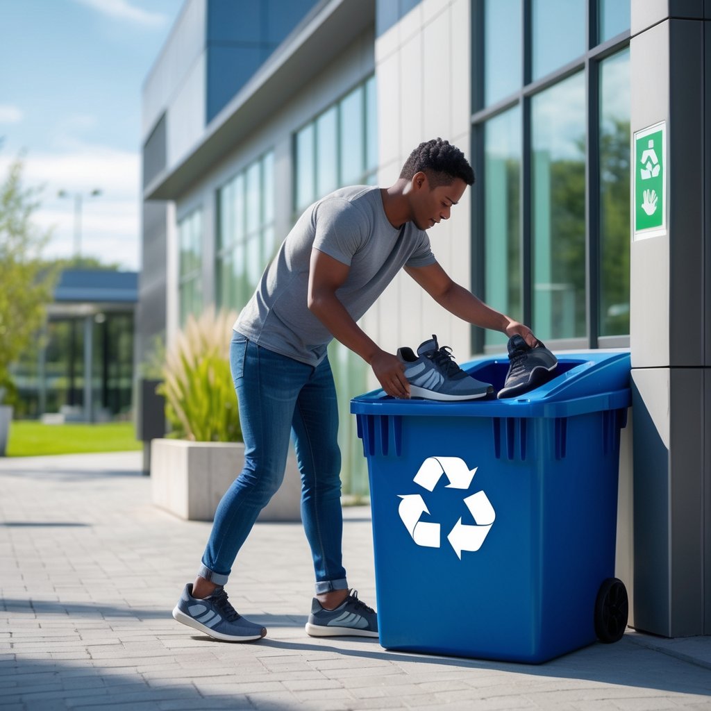 Kur išmesti senus batus: Patarimai ir galimybės atsikratyti nenaudingų daiktų 1 Žmogus meta senus batus į specialų konteinerį lauke šalia pastato.