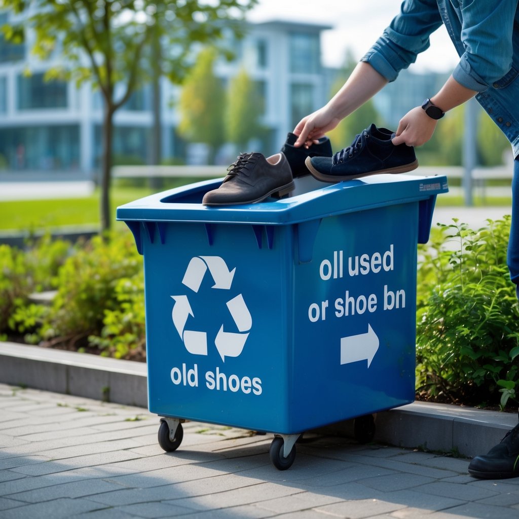 Kur išmesti senus batus: Patarimai ir galimybės atsikratyti nenaudingų daiktų 2 Žmogus meta senus batus į specialų konteinerį lauke Lietuvoje.