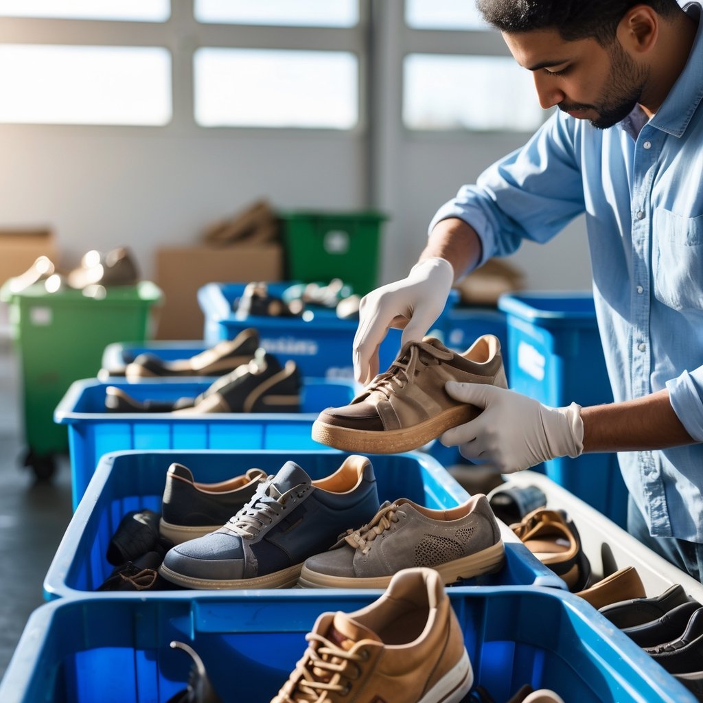Kur išmesti senus batus: Patarimai ir galimybės atsikratyti nenaudingų daiktų 3 Žmogus rūšiuoja senus batus perdirbimui švarioje ir tvarkingoje patalpoje.
