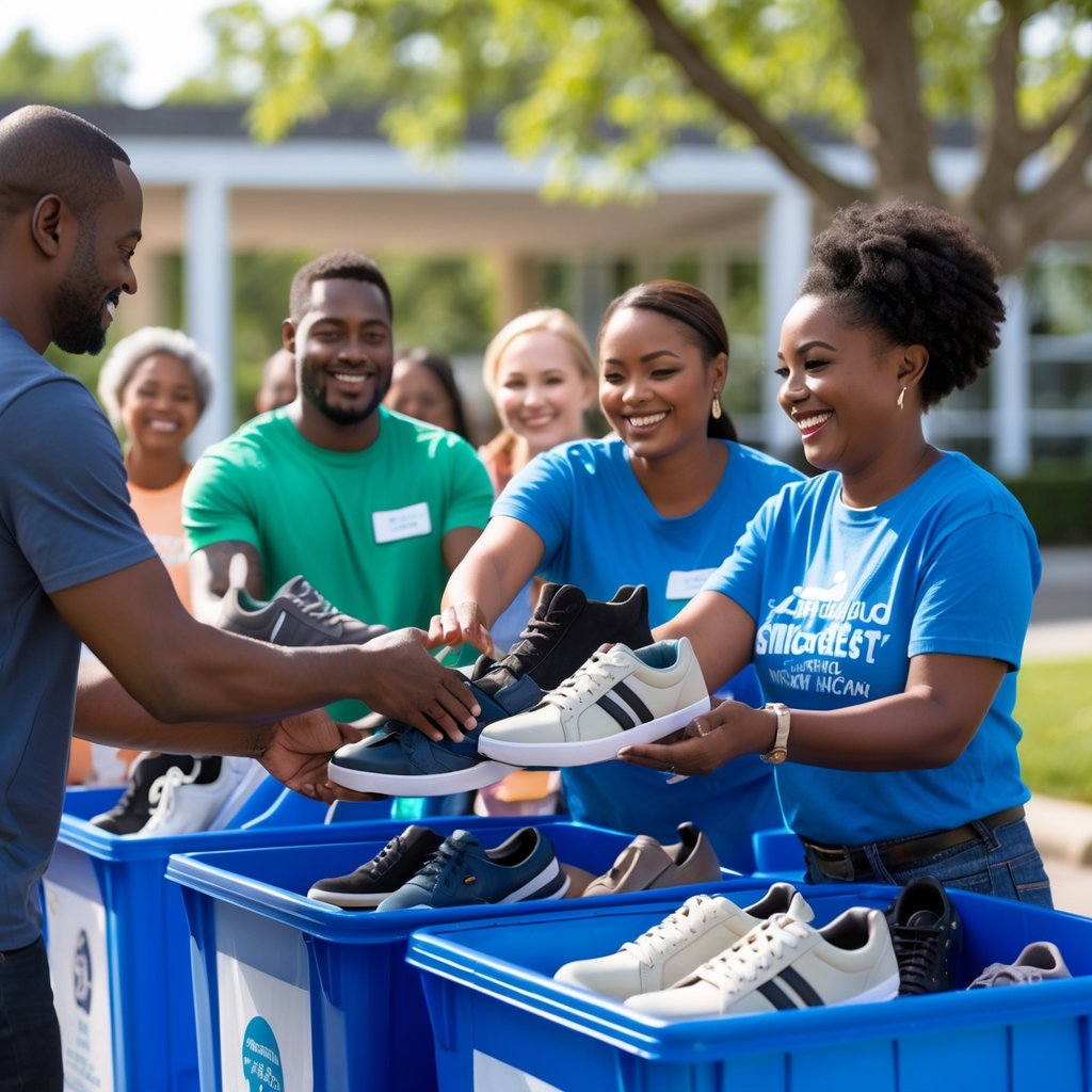 Kur išmesti senus batus: Patarimai ir galimybės atsikratyti nenaudingų daiktų 4 Žmonės dovanoja senus batus labdarai prie surinkimo taško lauke.