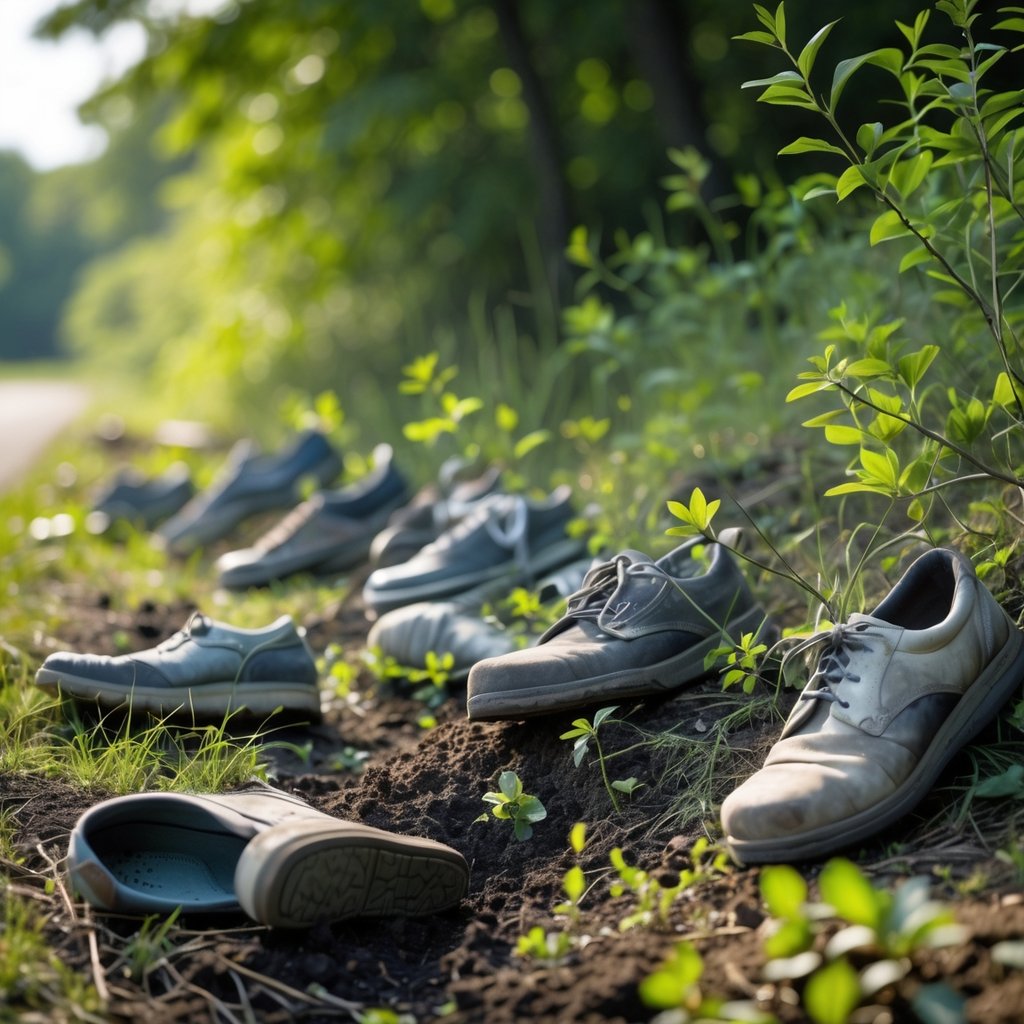 Kur išmesti senus batus: Patarimai ir galimybės atsikratyti nenaudingų daiktų 5 Sena avalynė išmesta ant žemės miško pakraštyje, aplink matyti žolė ir medžiai.
