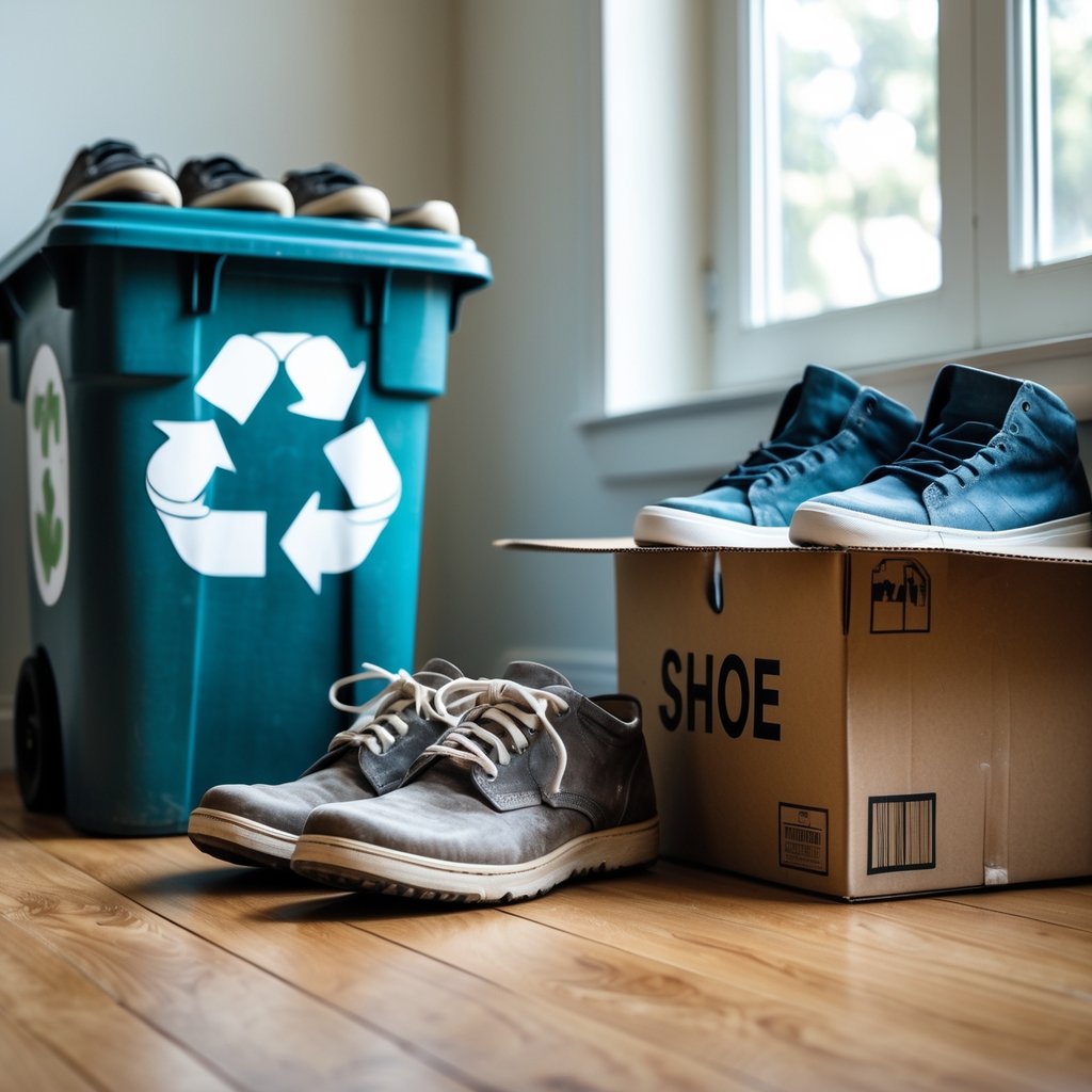 Kur išmesti senus batus: Patarimai ir galimybės atsikratyti nenaudingų daiktų 6 Senų batų pora ant grindų šalia perdirbimo dėžės ir šiek tiek geresnės būklės batų dėžėje dovanojimui.