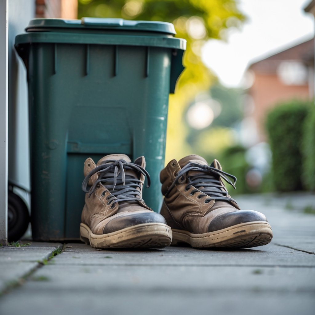 Kur išmesti senus batus: Patarimai ir galimybės atsikratyti nenaudingų daiktų 7 Dėvėti seni batai šalia šiukšlių dėžės laukiamajame lauke.