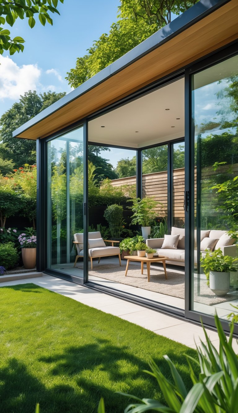 A glass garden room with sliding doors opening to a green garden with plants and trees.