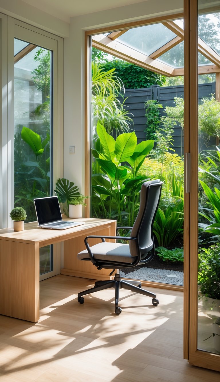 A garden office with large windows showing green plants outside, a wooden desk with a laptop, and a comfortable chair.