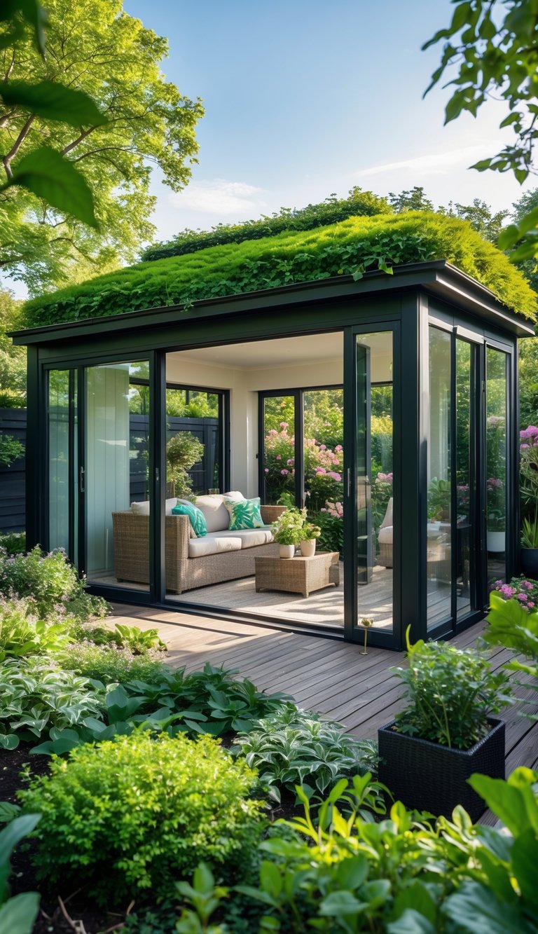 A garden room with a green roof, glass walls, outdoor furniture, and surrounding plants.